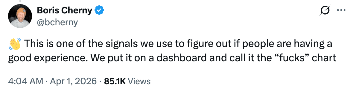 Boris Cherny tweet about the fucks chart